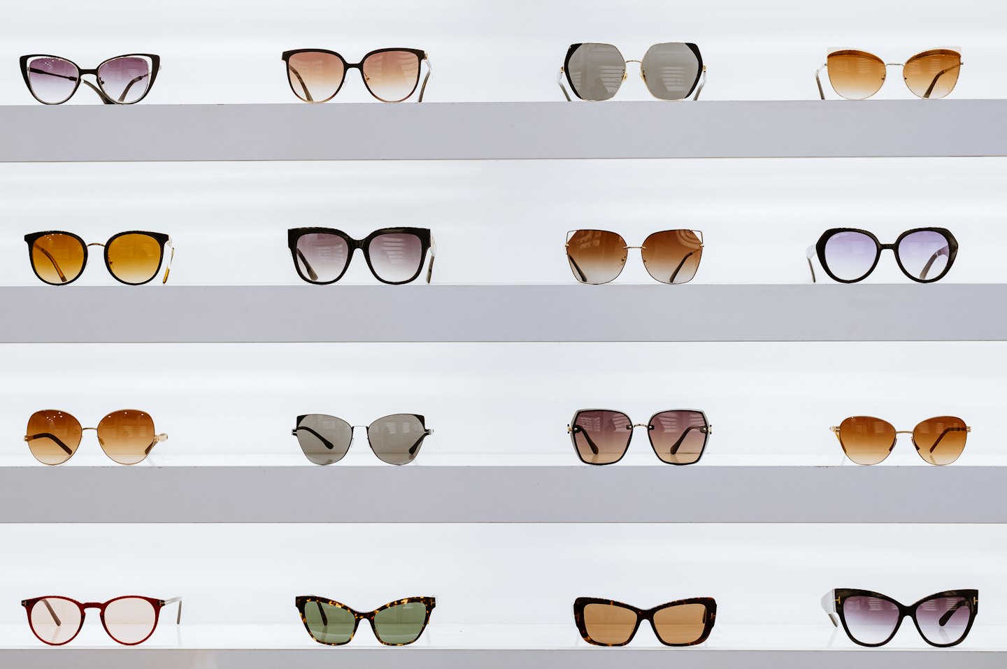 Designer sunglasses neatly arranged on white retail shelves.